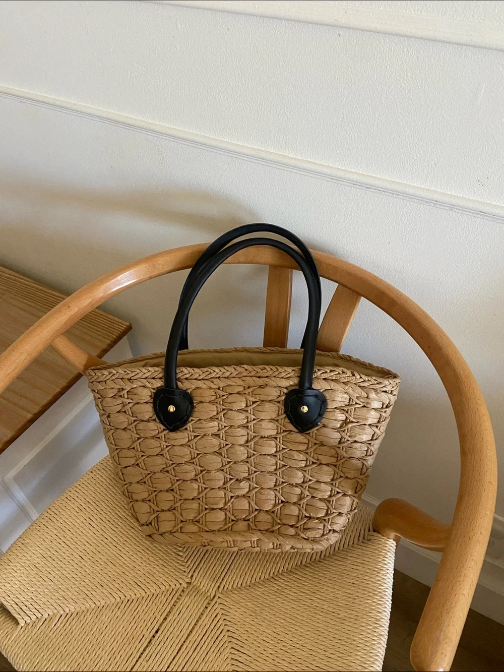 Woven Straw Tote Bag with Black Handles